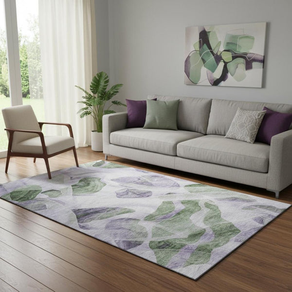 HomeRoots 5' X 8' Modern Lavender Green Ivory Abstract Area Rug - Washable with UV Protection & Stain Resistance 706165