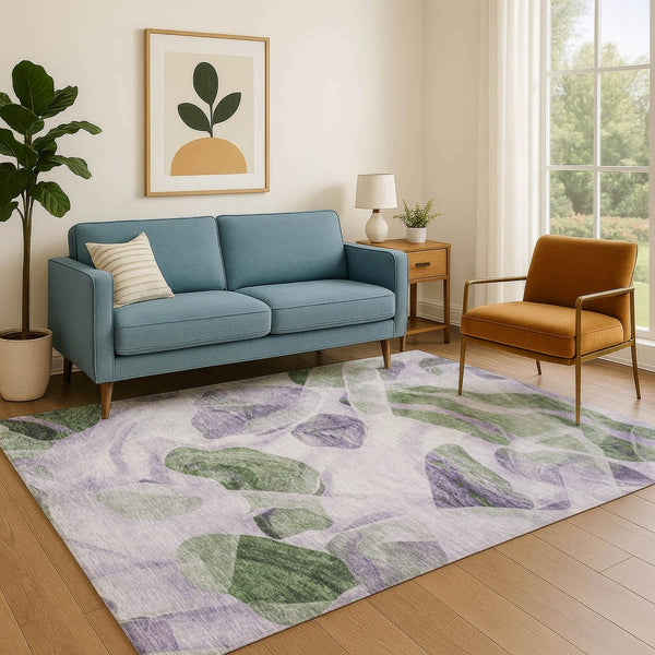 HomeRoots 5' X 8' Modern Lavender Green Ivory Abstract Area Rug - Washable with UV Protection & Stain Resistance 706165