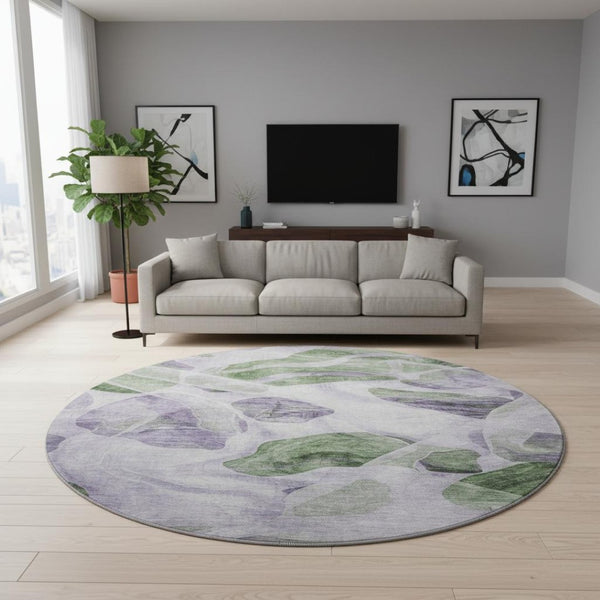 HomeRoots 8' Modern Abstract Lavender Green & Ivory Washable Round Rug with UV Protection & Non-Slip Backing 706166