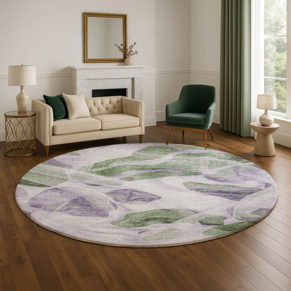 HomeRoots 8' Modern Abstract Lavender Green & Ivory Washable Round Rug with UV Protection & Non-Slip Backing 706166