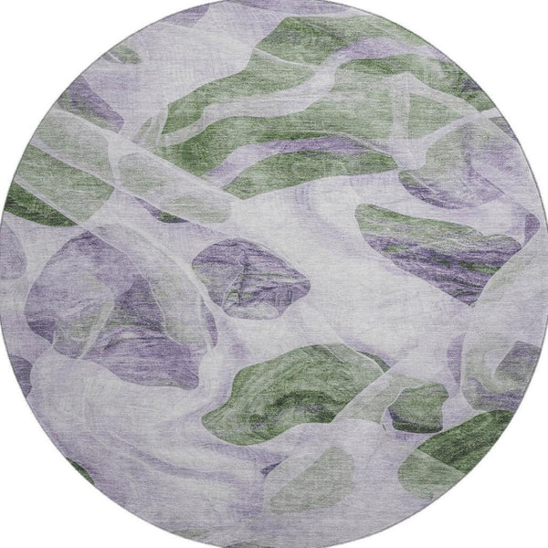HomeRoots 8' Modern Abstract Lavender Green & Ivory Washable Round Rug with UV Protection & Non-Slip Backing 706166