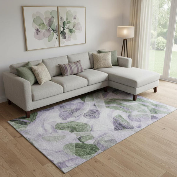 HomeRoots 9' X 12' Abstract Lavender Green & Ivory Washable Area Rug with UV Protection for Busy Homes 706168