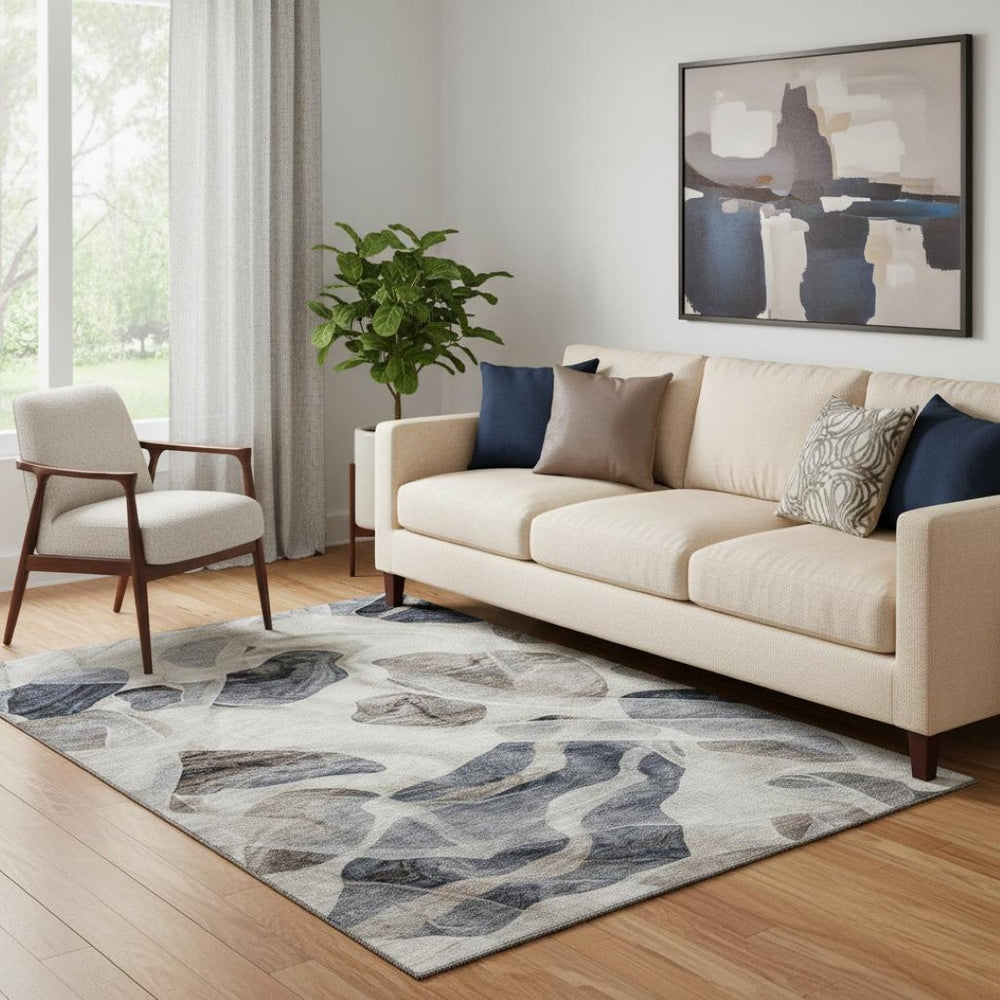 HomeRoots 5' X 8' Beige Blue Ivory Abstract Area Rug - Washable, UV Protected, Stain Resistant for Homes 706171