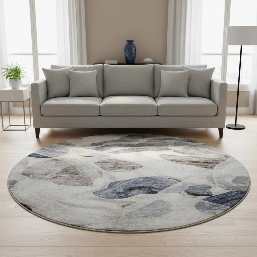 HomeRoots 8' Washable Round Rug in Beige, Blue & Ivory – Modern Abstract Design with UV Protection & Durability 706172