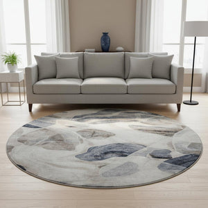 HomeRoots 8' Washable Round Rug in Beige, Blue & Ivory – Modern Abstract Design with UV Protection & Durability 706172