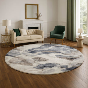 HomeRoots 8' Washable Round Rug in Beige, Blue & Ivory – Modern Abstract Design with UV Protection & Durability 706172
