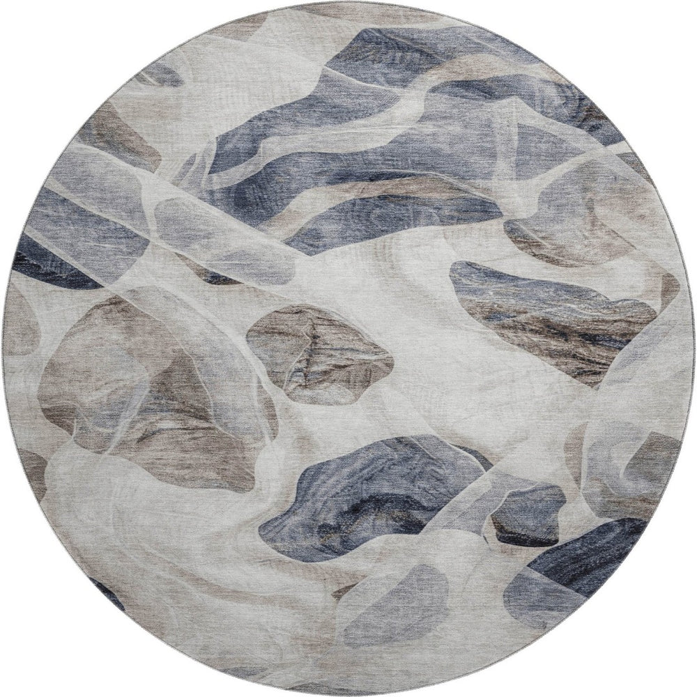 HomeRoots 8' Washable Round Rug in Beige, Blue & Ivory – Modern Abstract Design with UV Protection & Durability 706172