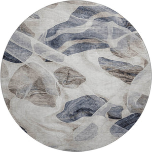 HomeRoots 8' Washable Round Rug in Beige, Blue & Ivory – Modern Abstract Design with UV Protection & Durability 706172