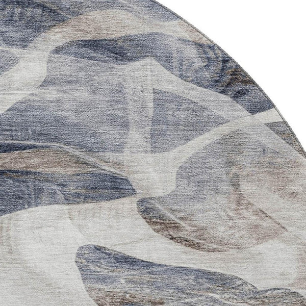 HomeRoots 8' Washable Round Rug in Beige, Blue & Ivory – Modern Abstract Design with UV Protection & Durability 706172