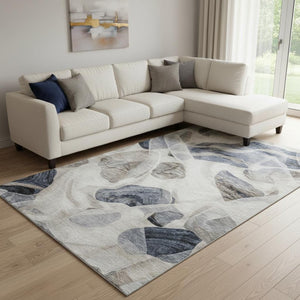 HomeRoots 8' X 10' Washable Abstract Area Rug in Beige, Blue & Ivory - Stain-Resistant with UV Protection! 706173