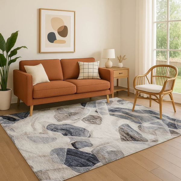 HomeRoots 8' X 10' Washable Abstract Area Rug in Beige, Blue & Ivory - Stain-Resistant with UV Protection! 706173