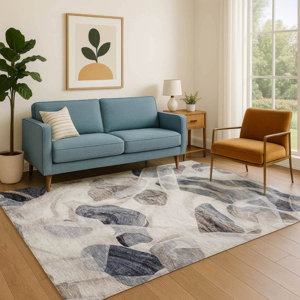 HomeRoots 8' X 10' Washable Abstract Area Rug in Beige, Blue & Ivory - Stain-Resistant with UV Protection! 706173