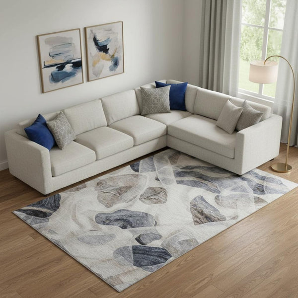 HomeRoots 9' X 12' Abstract Area Rug in Beige, Blue & Ivory - Durable, Stain-Resistant, UV Protected & Stylish 706174