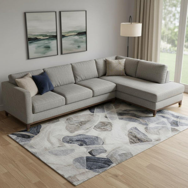 HomeRoots 10' X 14' Abstract Washable Area Rug in Beige, Blue & Ivory - UV Protection, Durable & Easy Care! 706175