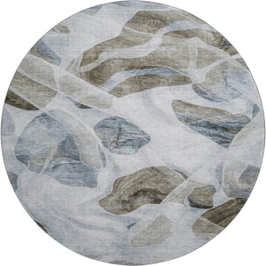 HomeRoots 8' Stylish Sky Blue & Brown Abstract Washable Round Rug - UV Protected, Kid & Pet Friendly Design! 706178