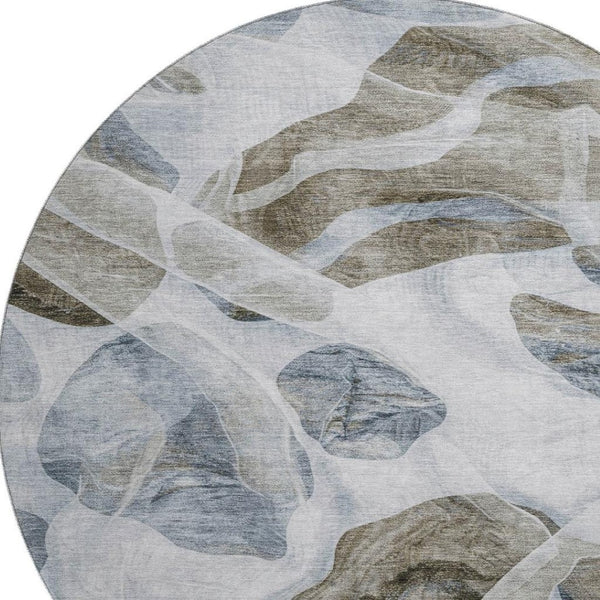 HomeRoots 8' Stylish Sky Blue & Brown Abstract Washable Round Rug - UV Protected, Kid & Pet Friendly Design! 706178