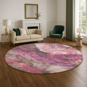 HomeRoots 8' Blush Purple & Gray Floral Round Rug - Washable, UV Protected, Stain Resistant for Busy Homes 706184