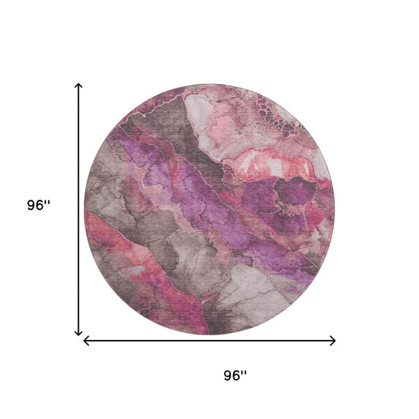 HomeRoots 8' Blush Purple & Gray Floral Round Rug - Washable, UV Protected, Stain Resistant for Busy Homes 706184