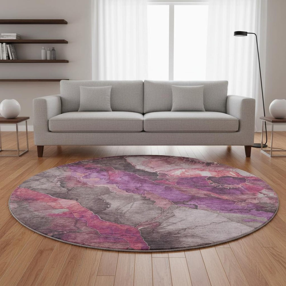 HomeRoots 8' Blush Purple & Gray Floral Round Rug - Washable, UV Protected, Stain Resistant for Busy Homes 706184