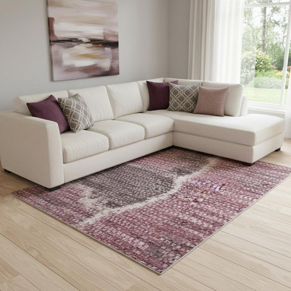HomeRoots 8' X 10' Blush Purple & Gray Floral Washable Area Rug - UV Protected, Stain Resistant, Durable Design 706185