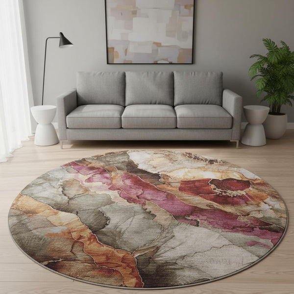 HomeRoots 8' Washable Floral Round Rug in Khaki, Blush & Taupe - Durable, UV Protected & Easy Care Design 706190
