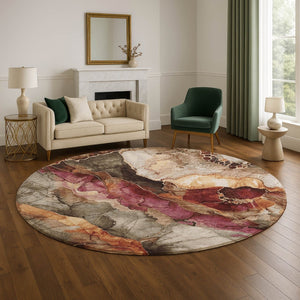 HomeRoots 8' Washable Floral Round Rug in Khaki, Blush & Taupe - Durable, UV Protected & Easy Care Design 706190