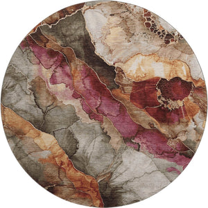 HomeRoots 8' Washable Floral Round Rug in Khaki, Blush & Taupe - Durable, UV Protected & Easy Care Design 706190