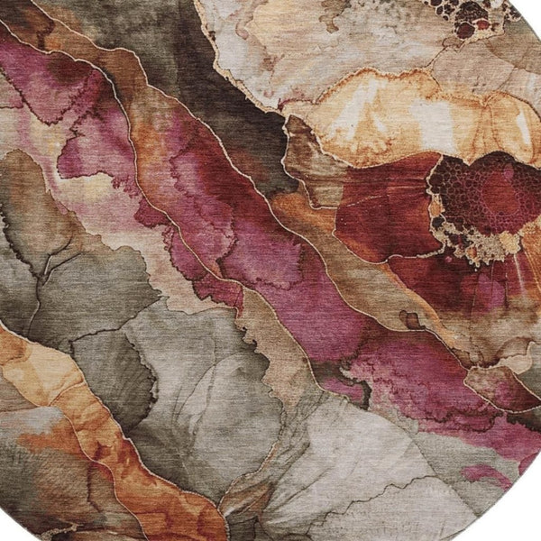 HomeRoots 8' Washable Floral Round Rug in Khaki, Blush & Taupe - Durable, UV Protected & Easy Care Design 706190