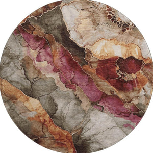 HomeRoots 8' Washable Floral Round Rug in Khaki, Blush & Taupe - Durable, UV Protected & Easy Care Design 706190