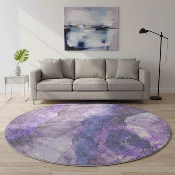 HomeRoots 8' Elegant Floral Round Rug in Lavender Gray and Ivory – Washable, UV Protected, & Non-Slip Design! 706196