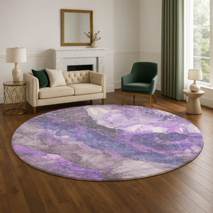 HomeRoots 8' Elegant Floral Round Rug in Lavender Gray and Ivory – Washable, UV Protected, & Non-Slip Design! 706196
