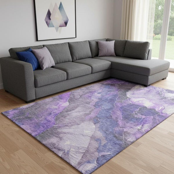 HomeRoots 8' X 10' Elegant Lavender Gray & Ivory Floral Area Rug – Washable, Stain-Resistant & UV Protected! 706197