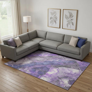 HomeRoots 10' Floral Area Rug in Lavender Gray & Ivory - Washable, Stain Resistant, UV Protected for Homes 706199