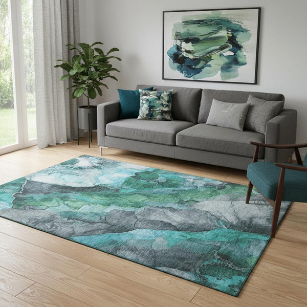 HomeRoots 5' X 8' Teal Green Floral Area Rug – Washable, UV Protected, Non-Slip, Perfect for Any Room! 706201