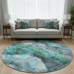HomeRoots 8' Teal Green & Ivory Floral Round Rug - Washable, UV Protected, Durable for Homes with Kids & Pets 706202