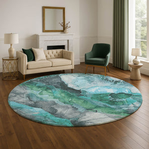 HomeRoots 8' Teal Green & Ivory Floral Round Rug - Washable, UV Protected, Durable for Homes with Kids & Pets 706202