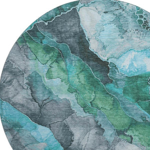 HomeRoots 8' Teal Green & Ivory Floral Round Rug - Washable, UV Protected, Durable for Homes with Kids & Pets 706202