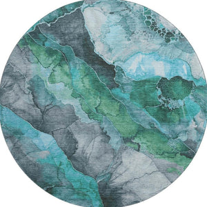 HomeRoots 8' Teal Green & Ivory Floral Round Rug - Washable, UV Protected, Durable for Homes with Kids & Pets 706202