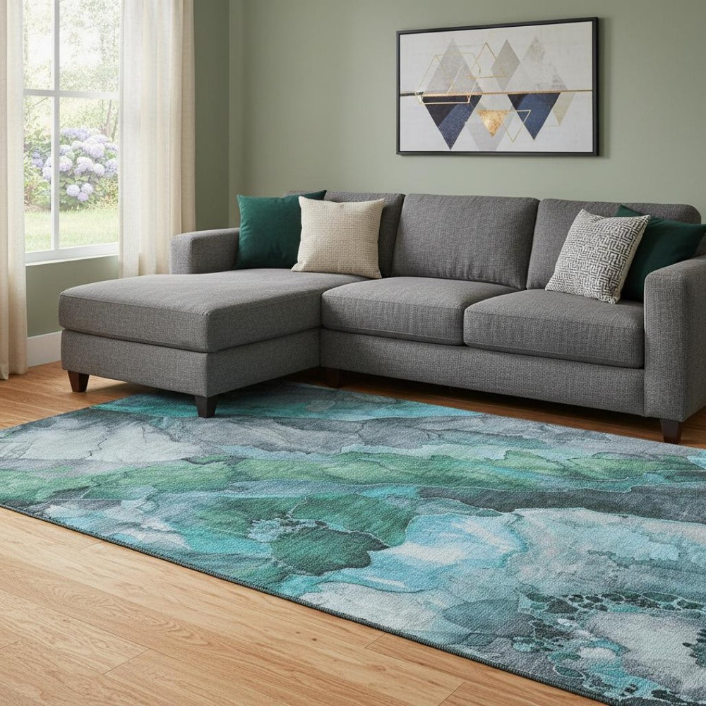 HomeRoots 8' x 10' Teal Green Floral Area Rug - Washable, UV Protected, Durable, Stylish for Busy Homes 706203