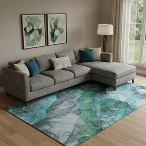 HomeRoots 9' X 12' Teal Green Floral Area Rug - Washable, UV Protected, Stain Resistant, Perfect for High-Traffic Homes 706204