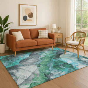 HomeRoots 9' X 12' Teal Green Floral Area Rug - Washable, UV Protected, Stain Resistant, Perfect for High-Traffic Homes 706204
