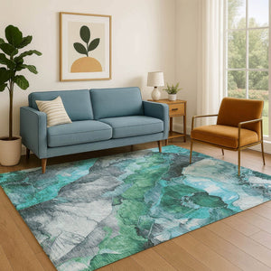 HomeRoots 9' X 12' Teal Green Floral Area Rug - Washable, UV Protected, Stain Resistant, Perfect for High-Traffic Homes 706204