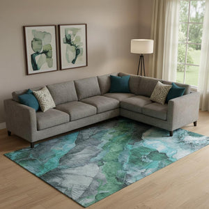 HomeRoots 10' Teal Green & Ivory Floral Washable Area Rug - UV Protected, Stain Resistant & Non-Slip Backing 706205
