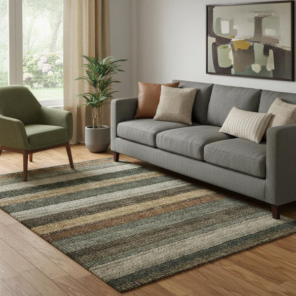 HomeRoots 5' X 8' Khaki Gray & Beige Striped Washable Area Rug - UV Protected, Stain Resistant, Easy Care 706207