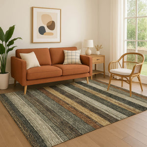 HomeRoots 5' X 8' Khaki Gray & Beige Striped Washable Area Rug - UV Protected, Stain Resistant, Easy Care 706207