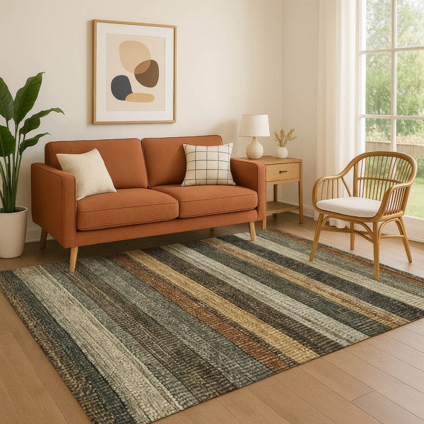 HomeRoots 5' X 8' Khaki Gray & Beige Striped Washable Area Rug - UV Protected, Stain Resistant, Easy Care 706207