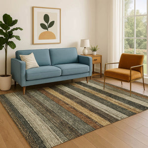 HomeRoots 5' X 8' Khaki Gray & Beige Striped Washable Area Rug - UV Protected, Stain Resistant, Easy Care 706207