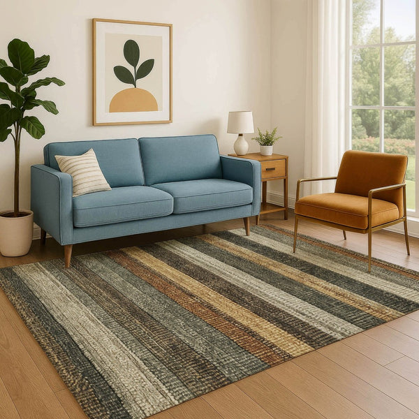 HomeRoots 5' X 8' Khaki Gray & Beige Striped Washable Area Rug - UV Protected, Stain Resistant, Easy Care 706207