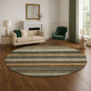 HomeRoots 8' Washable Round Rug in Khaki Gray & Beige Stripes - UV Protected, Stain Resistant, Modern Design 706208