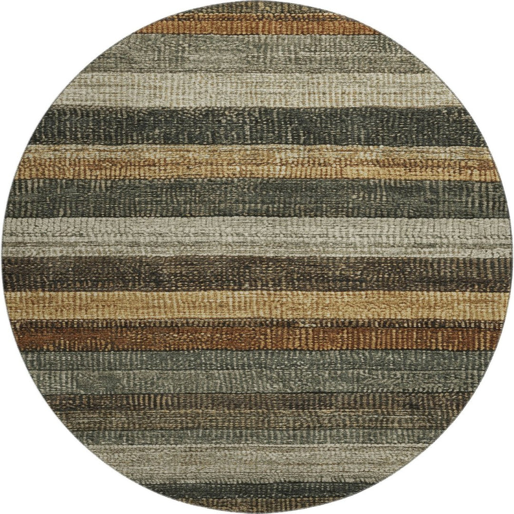 HomeRoots 8' Washable Round Rug in Khaki Gray & Beige Stripes - UV Protected, Stain Resistant, Modern Design 706208
